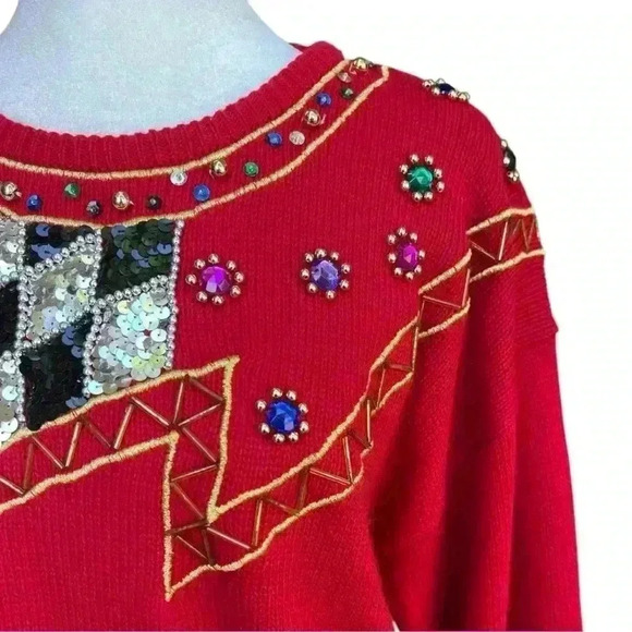 Vintage Western Connection Embellished Women’s Red Sweater Sequins Beads Size L - Picture 8 of 11